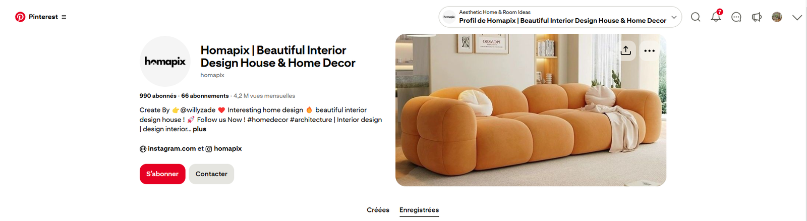 Capture d'ecran de mon compte Pinterest Homapix - Beautiful Interior Design House & Home Decor